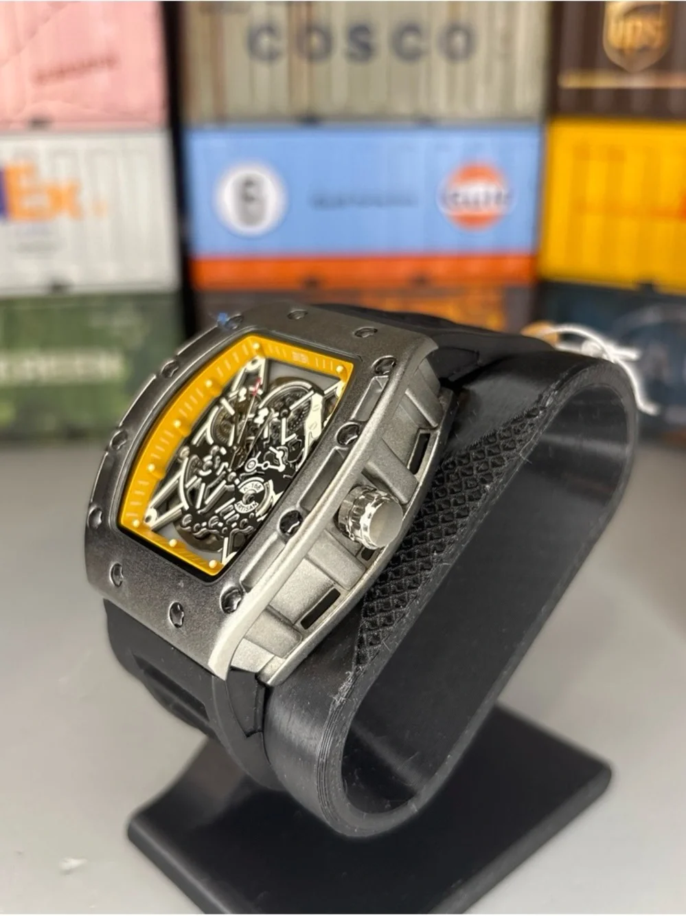 BiBi Automatic Men's Black and Yellow Skeleton Dial Sport Watch